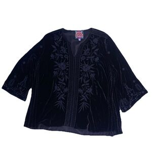 Johnny Was Adele Velvet Blouse LARGE Eyelet Embroidered Black Rayon Silk Boho